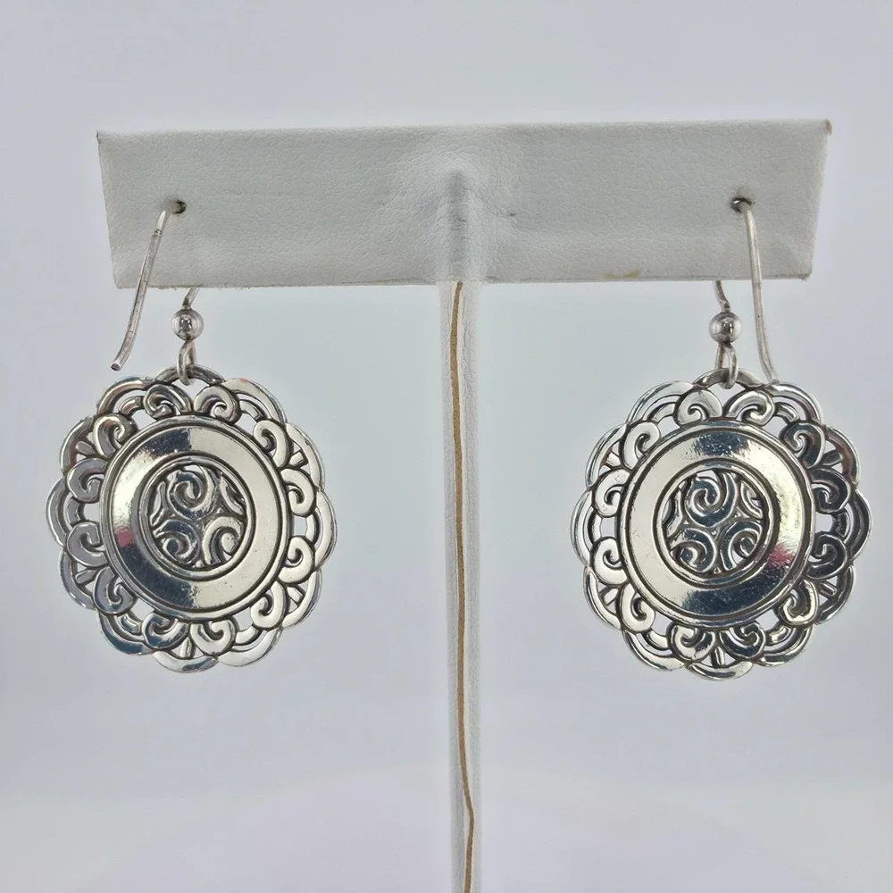 BRIGHTON 'Woodstock Moonflower' Earrings Ornate Scrollwork Silver Plate 1.5
